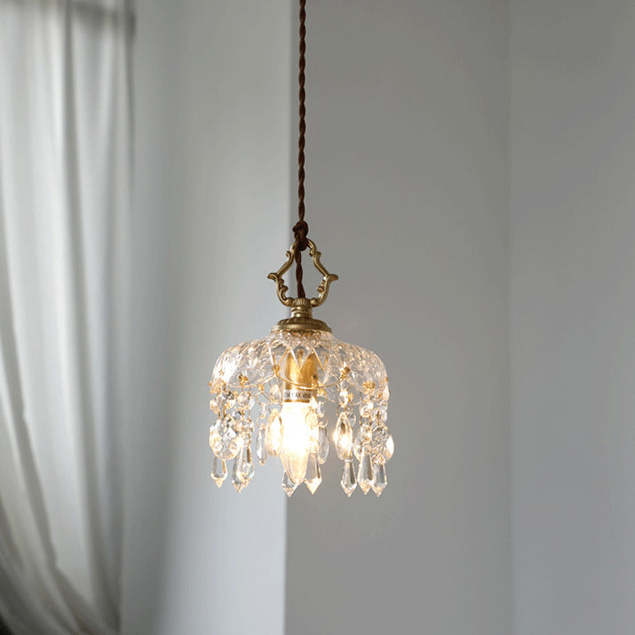 Vintage Koperen Kristallen Bloem Pendant Licht | 1-Licht