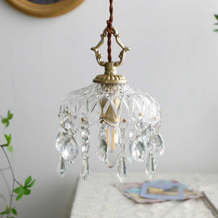 Vintage Koperen Kristallen Bloem Pendant Licht | 1-Licht