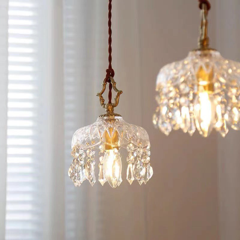 Vintage Koperen Kristallen Bloem Pendant Licht | 1-Licht
