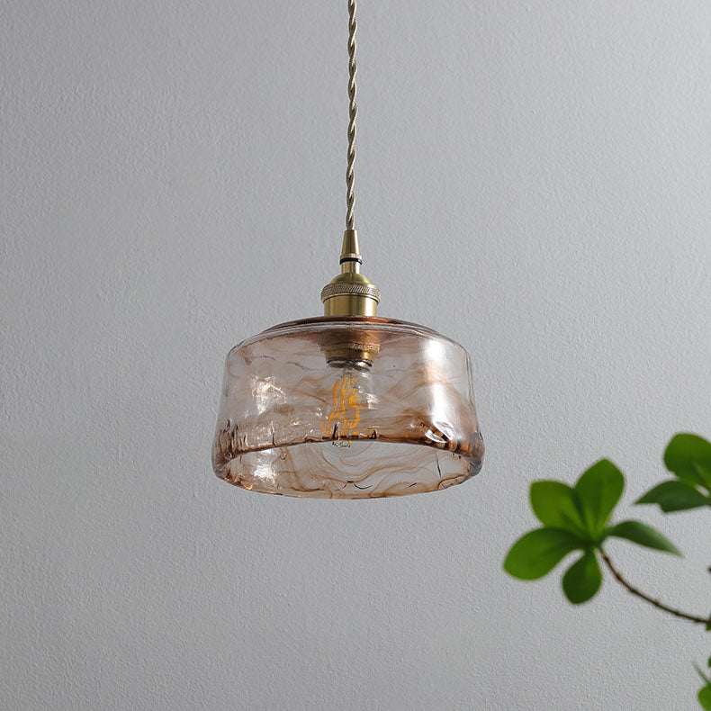 Vintage Amber Ronde Glazen Messing Hanglamp 1-Licht