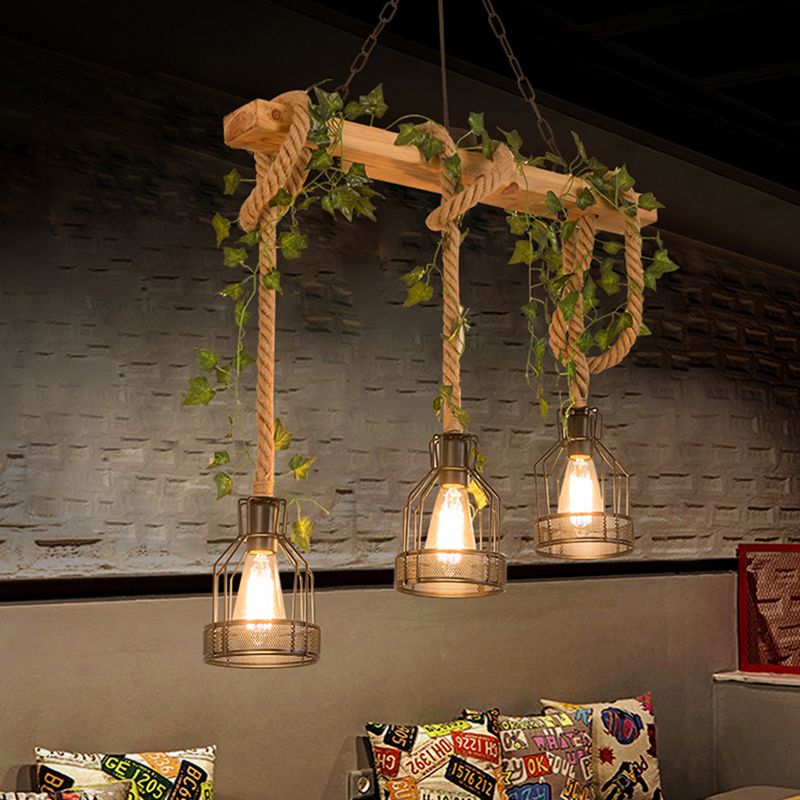 Epoch Caged Vintage Boerderij Houten Balk Hanglamp 3/5 Lampen