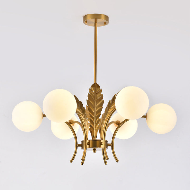 Sferische Plafondlamp Simpliciteit Wit/Roze/Cognac Glas 6-Lamp Tekenruimte LED Hangende Kroonluchter met Blad Decor
