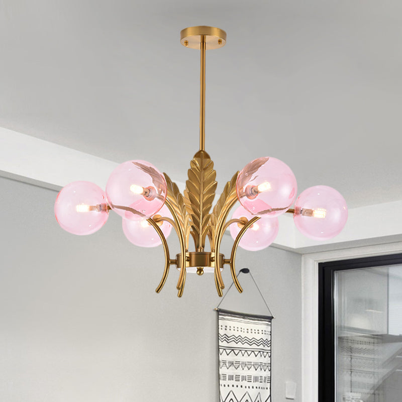 Sferische Plafondlamp Simpliciteit Wit/Roze/Cognac Glas 6-Lamp Tekenruimte LED Hangende Kroonluchter met Blad Decor