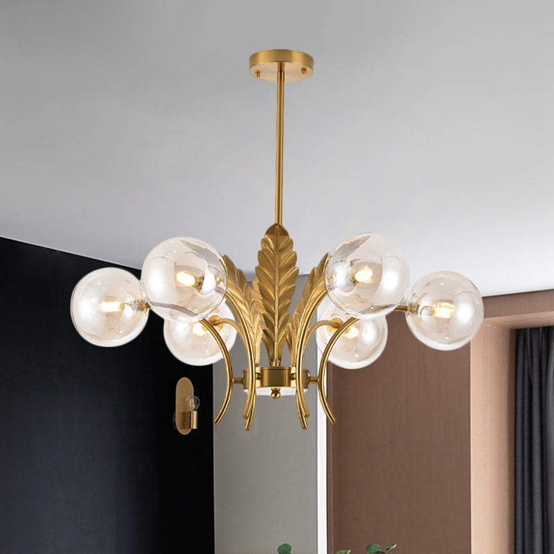 Sferische Plafondlamp Simpliciteit Wit/Roze/Cognac Glas 6-Lamp Tekenruimte LED Hangende Kroonluchter met Blad Decor