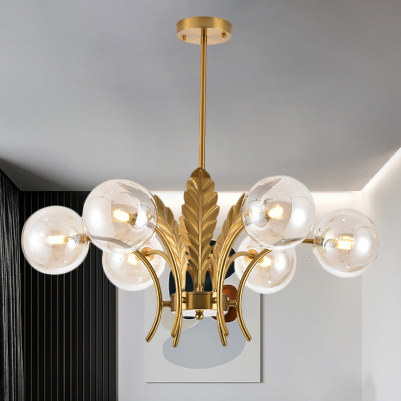 Sferische Plafondlamp Simpliciteit Wit/Roze/Cognac Glas 6-Lamp Tekenruimte LED Hangende Kroonluchter met Blad Decor