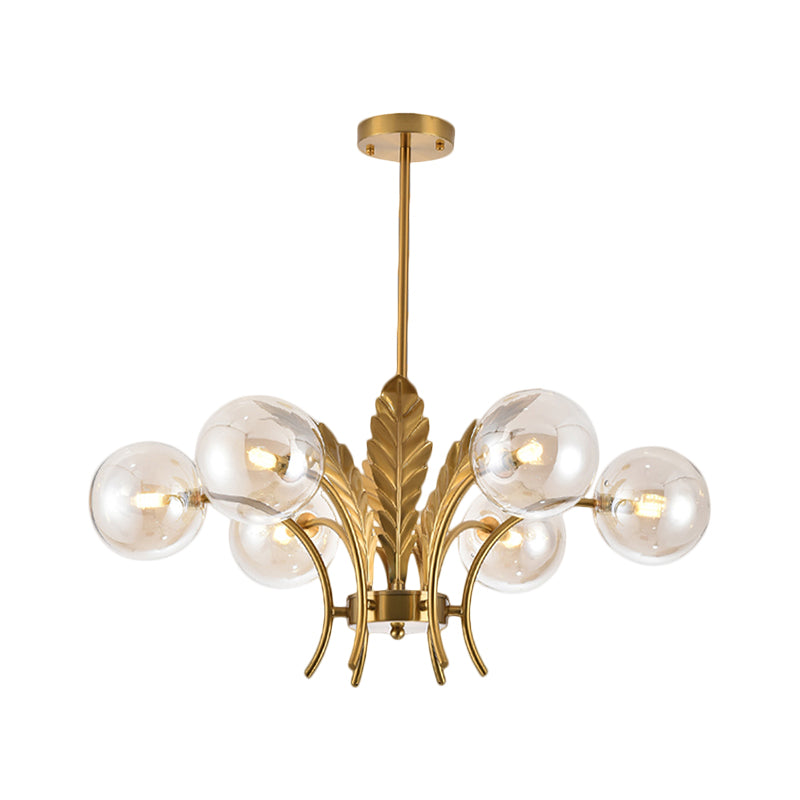 Sferische Plafondlamp Simpliciteit Wit/Roze/Cognac Glas 6-Lamp Tekenruimte LED Hangende Kroonluchter met Blad Decor