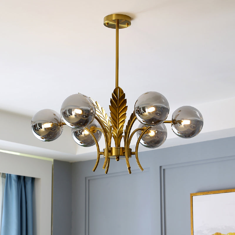 Sferische Plafondlamp Simpliciteit Wit/Roze/Cognac Glas 6-Lamp Tekenruimte LED Hangende Kroonluchter met Blad Decor
