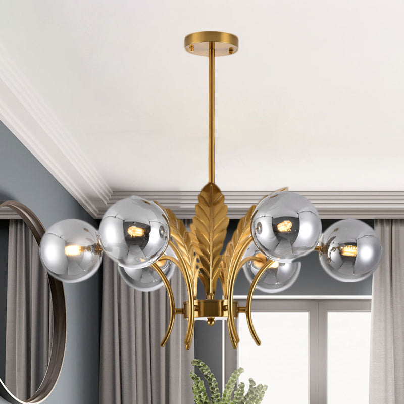Sferische Plafondlamp Simpliciteit Wit/Roze/Cognac Glas 6-Lamp Tekenruimte LED Hangende Kroonluchter met Blad Decor