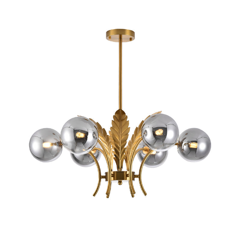 Sferische Plafondlamp Simpliciteit Wit/Roze/Cognac Glas 6-Lamp Tekenruimte LED Hangende Kroonluchter met Blad Decor