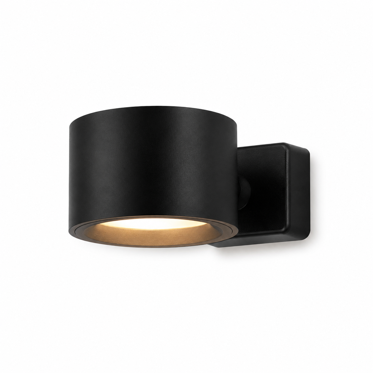 Draadloze zwarte plakkende wandlamp met warm wit licht op witte achtergrond