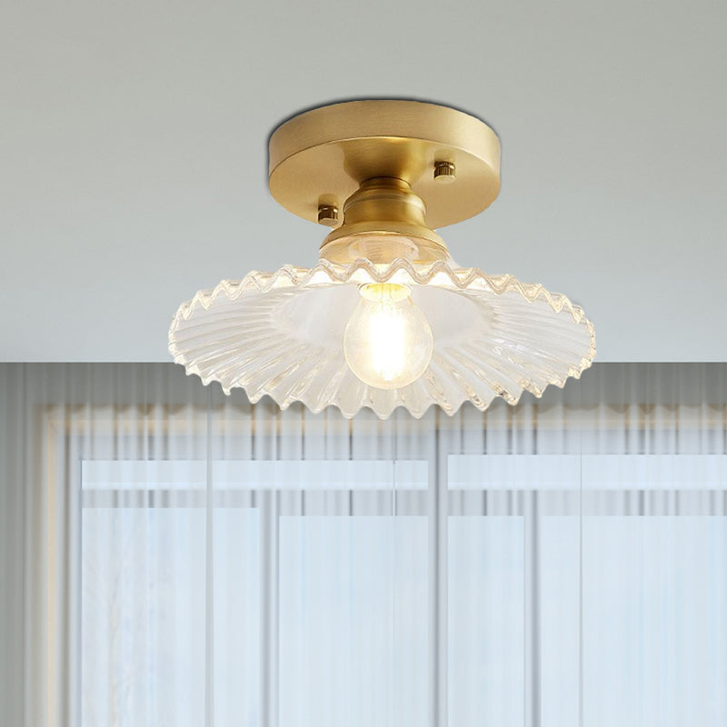 1 Licht Flared Semi Flush Licht Industrieel Helder/Groen Geribbeld Glas Plafondmontage voor Woonkamer