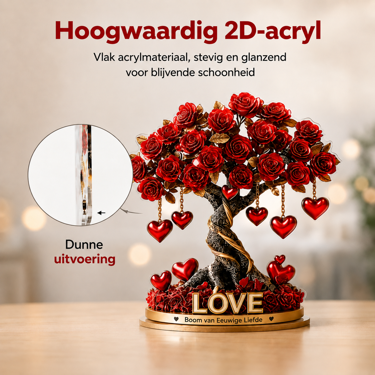 NOBLEHEART GEM – Elegant rozenboom van kristal in de vorm van een hart met gouden basis