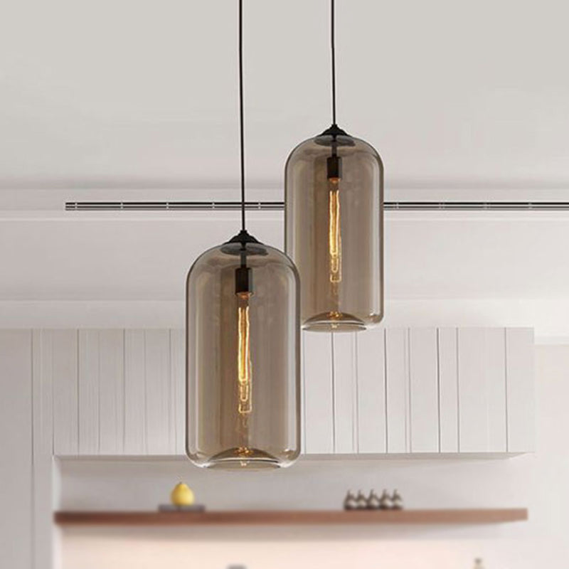 8" Brede Duidelijke/Amber/Rookachtige Glazen Cilindrische Hanglamp Hedendaagse 1 Licht Zwarte Hanglamp Fixture