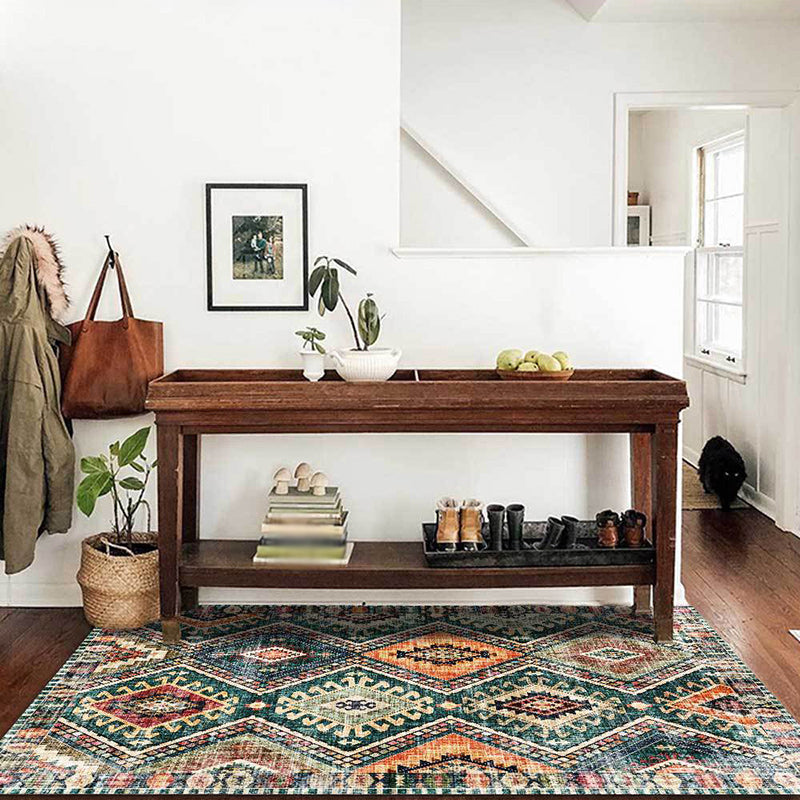 Retro Tribal Patroon Tapijt Groen Polyester Tapijt Machine Wasbaar Antislip Achterkant Vloerkleed voor Woonkamer