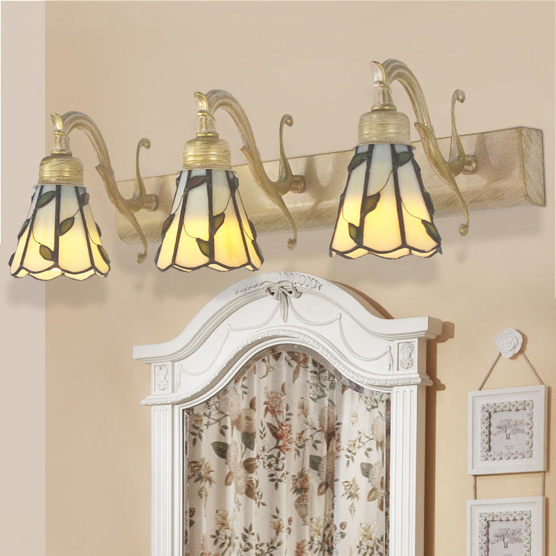 3 Koppen Blad Vanity Licht Rustieke Loft Gevlekte Glas Make-up Spiegel Licht met Lineaire Achterplaat in Koper/Antiek Messing/Goud
