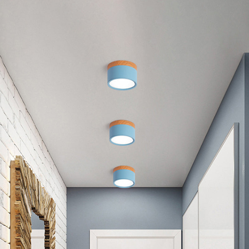 Cilinder Kleine Flush Plafondlamp Macaron Metaal Keuken Bar Flush Mount Verlichting in Geel/Blauw/Zwart en Hout