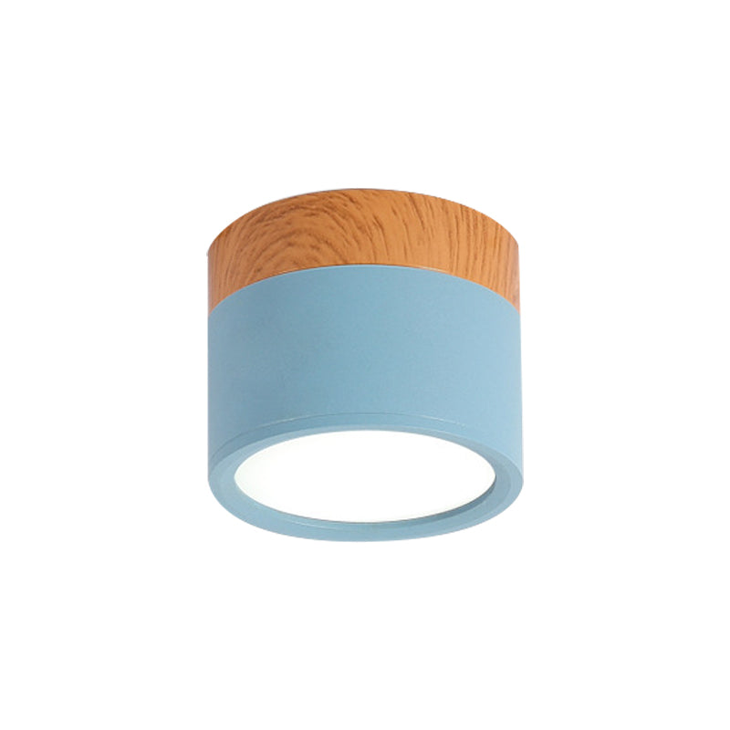 Cilinder Kleine Flush Plafondlamp Macaron Metaal Keuken Bar Flush Mount Verlichting in Geel/Blauw/Zwart en Hout