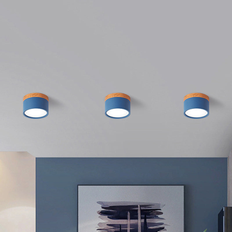 Cilinder Kleine Flush Plafondlamp Macaron Metaal Keuken Bar Flush Mount Verlichting in Geel/Blauw/Zwart en Hout