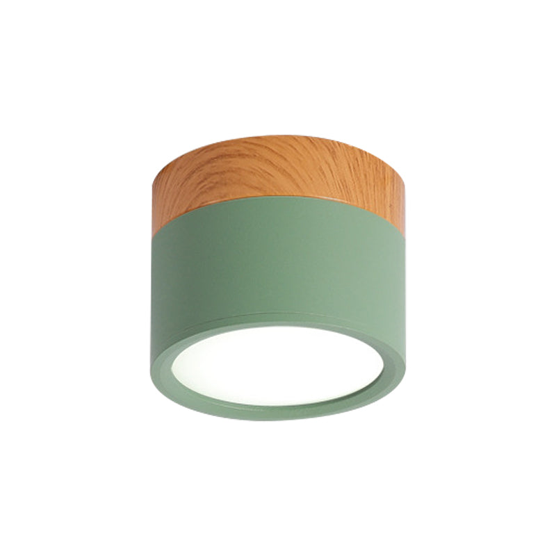 Cilinder Kleine Flush Plafondlamp Macaron Metaal Keuken Bar Flush Mount Verlichting in Geel/Blauw/Zwart en Hout