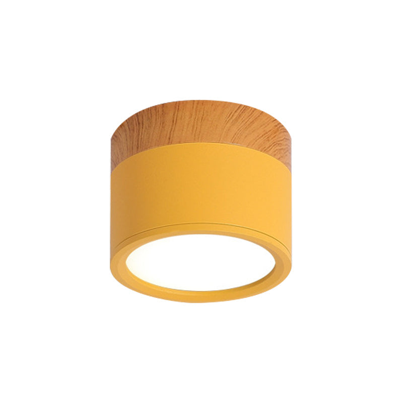 Cilinder Kleine Flush Plafondlamp Macaron Metaal Keuken Bar Flush Mount Verlichting in Geel/Blauw/Zwart en Hout
