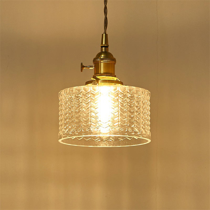 Retro Korte Cilinder Hanglamp 1 Hoofd Heldere/Groene Golfglas Plafondlamp met Draaischakelaar in Messing