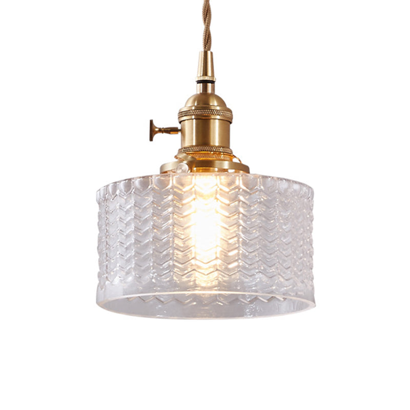 Retro Korte Cilinder Hanglamp 1 Hoofd Heldere/Groene Golfglas Plafondlamp met Draaischakelaar in Messing