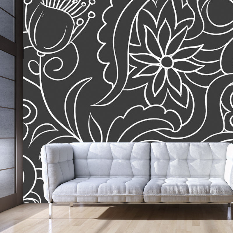 Zwart-wit Minimalistische Muurbehang Hele Bloemenwandkunst voor de Woonkamer