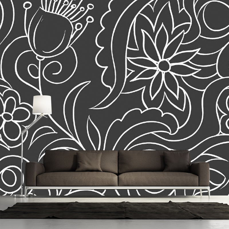 Zwart-wit Minimalistische Muurbehang Hele Bloemenwandkunst voor de Woonkamer