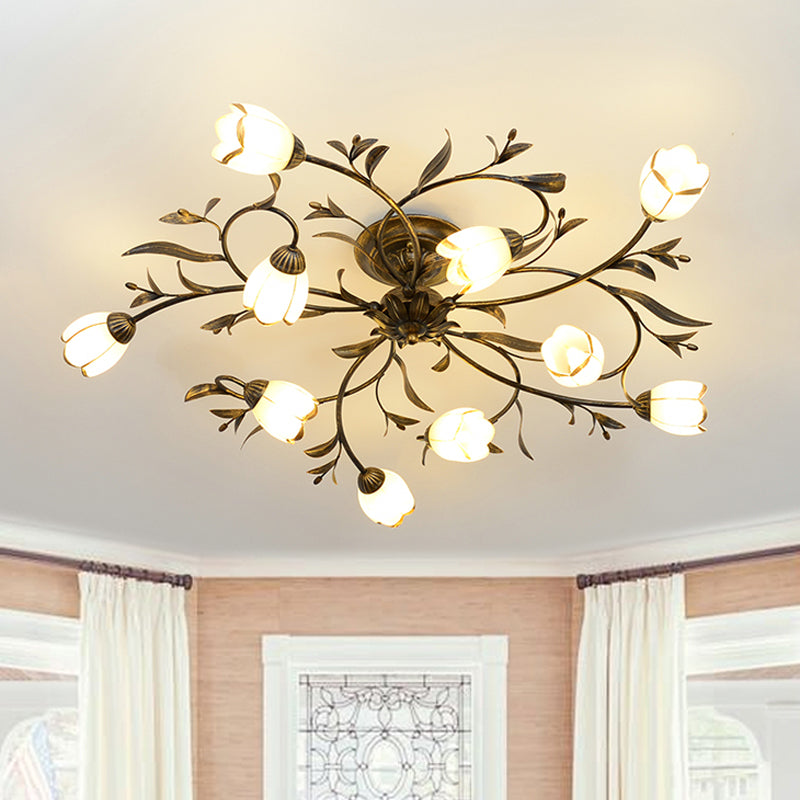 Bloemenklimop Slaapkamer Semi Flush Mount Plattelands Crème Glas 4/8/12-Licht Antiek Messing Plafondlamp