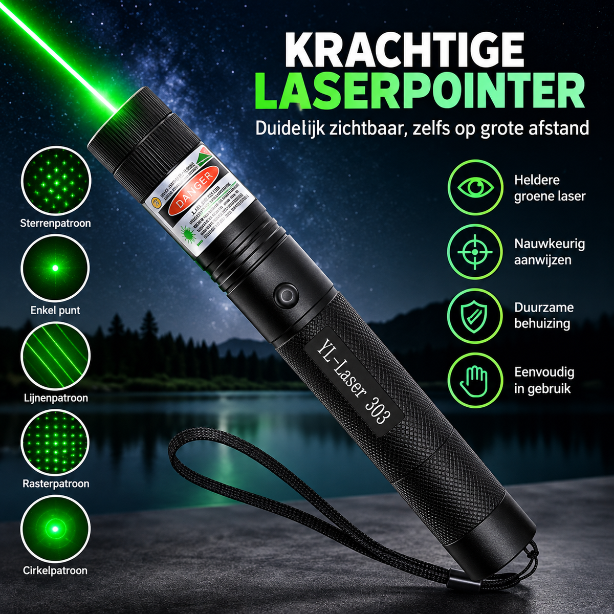 Laserpointer met precisiestraal | Zeer goed zichtbaar, zelfs op grote afstanden, perfect voor nauwkeurigheid bij presentaties en buitenactiviteiten.