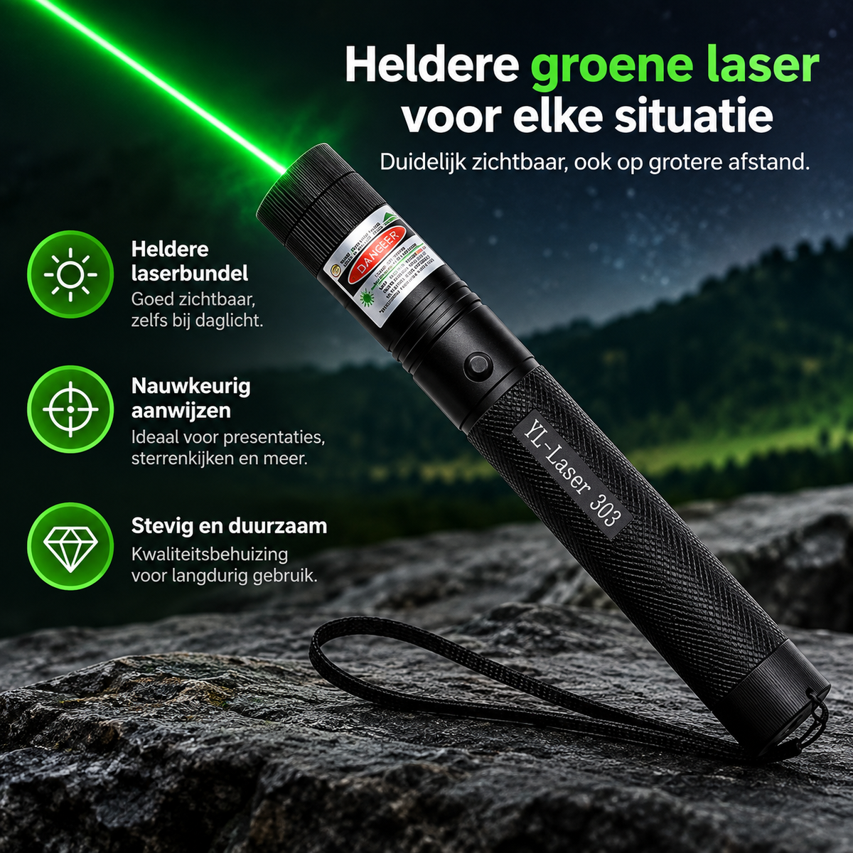 Laserpointer met precisiestraal | Zeer goed zichtbaar, zelfs op grote afstanden, perfect voor nauwkeurigheid bij presentaties en buitenactiviteiten.
