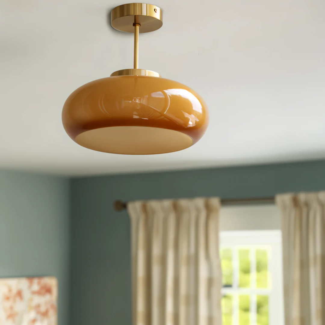 Glazen Plafondlamp met Ronde Kap en Metalen Stang