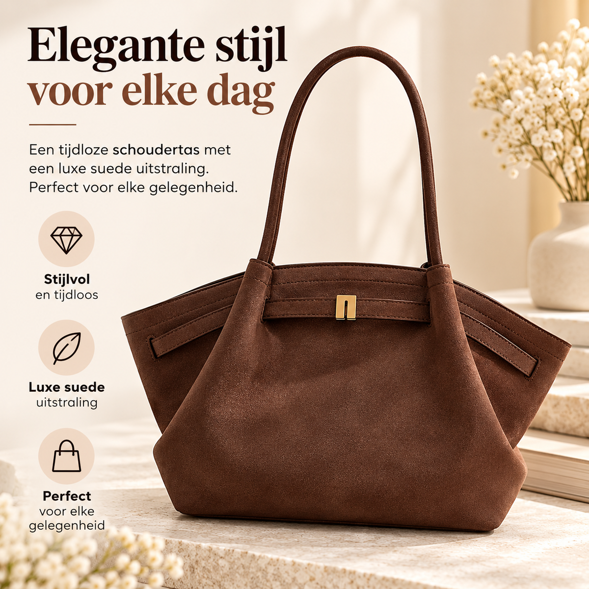 Schoudertas Hana Patroon Suede Uiterlijk en Grote Capaciteit