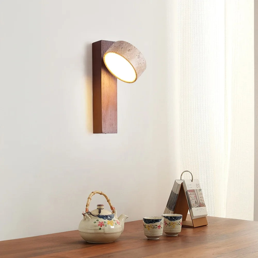 Travertine Houten Nachtkastje Wandlamp