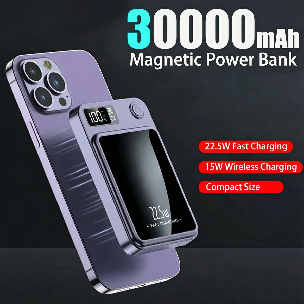 Draadloze Powerbank – 30000 mAh, 22.5W Snelladen & Magnetisch Ontwerp