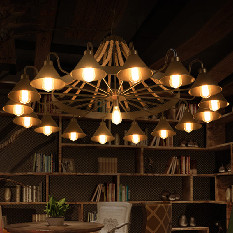 Metalen Zwarte Kroonluchter Lichtarmatuur Conische Industriële Touw Plafond Hanglamp met Wagenwielontwerp