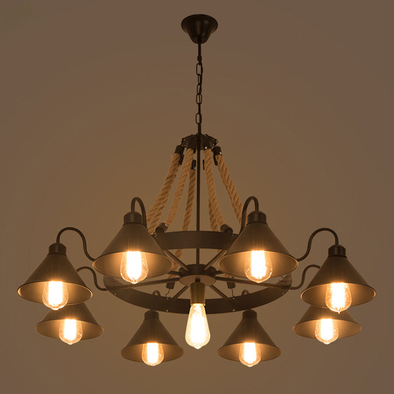 Metalen Zwarte Kroonluchter Lichtarmatuur Conische Industriële Touw Plafond Hanglamp met Wagenwielontwerp