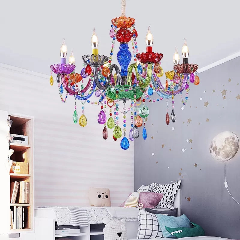 Nepkaars Hanglamp Mooie Glazen Multi-Kleurige Kroonluchter met Druppel Kristal voor Kleuterschool