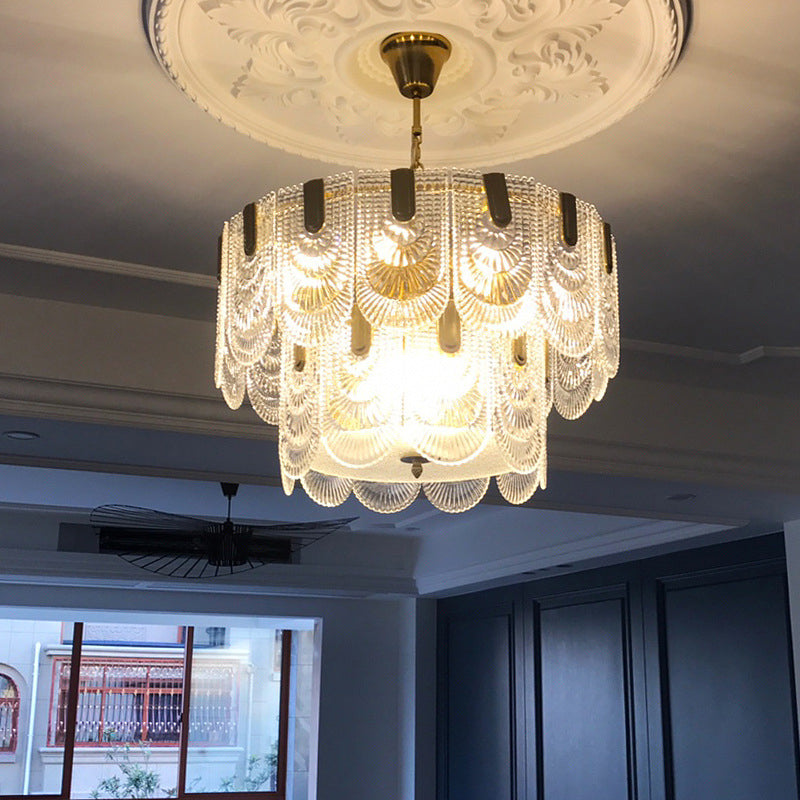 Gelaagde Heldere Textuur Glas Druppel Lamp Klassieke Eetkamer Chandelier Verlichtingsarmatuur in Messing