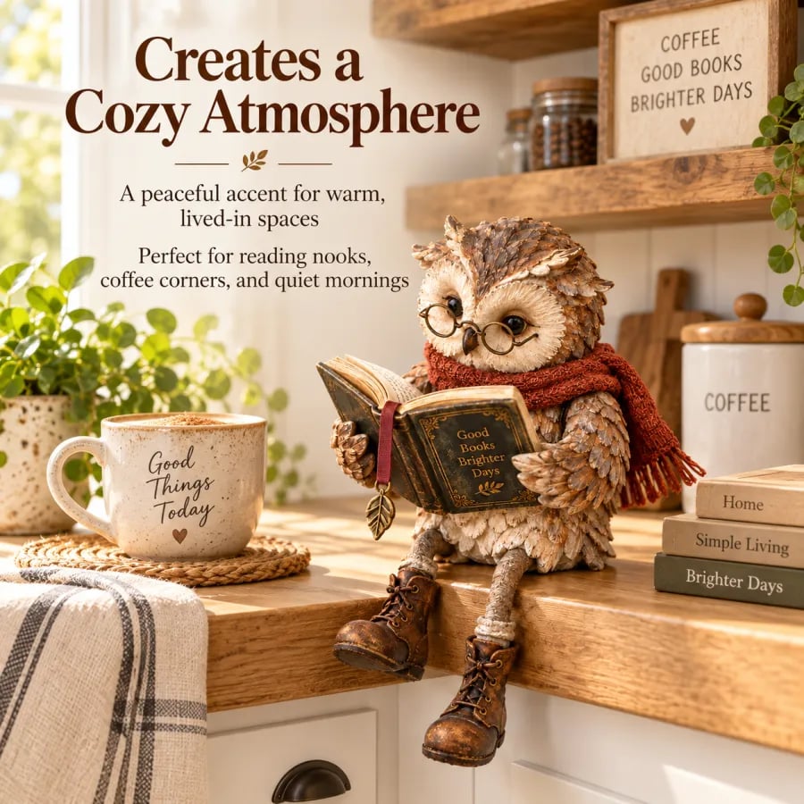 Decoratieve uilfiguur met bril, boek en sjaal. Gezellig cadeau voor boekenliefhebbers