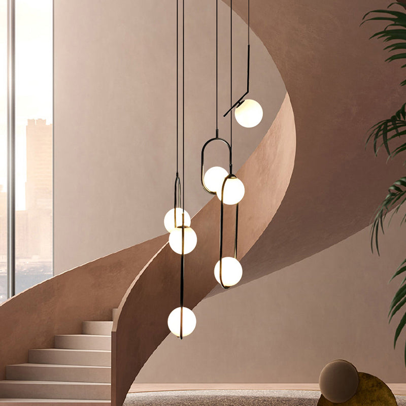 Zwarte Globe Multi Light Kroonluchter Eenvoudige Glazen Hanglamp voor Trappen