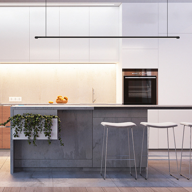 Minimalistische Dunne Stang LED Hanglamp Metalen Keuken Bar Eiland Plafondlamp in Zwart