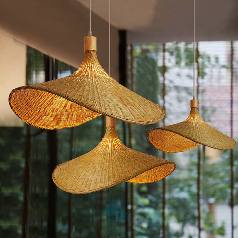 Beige Strohoed Vorm Hanglamp Kit Aziatisch 1-Licht Rieten Plafond Pendellicht voor Eettafel