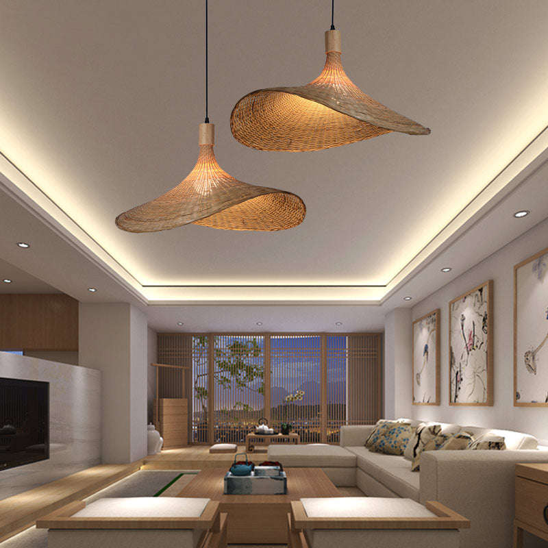 Beige Strohoed Vorm Hanglamp Kit Aziatisch 1-Licht Rieten Plafond Pendellicht voor Eettafel