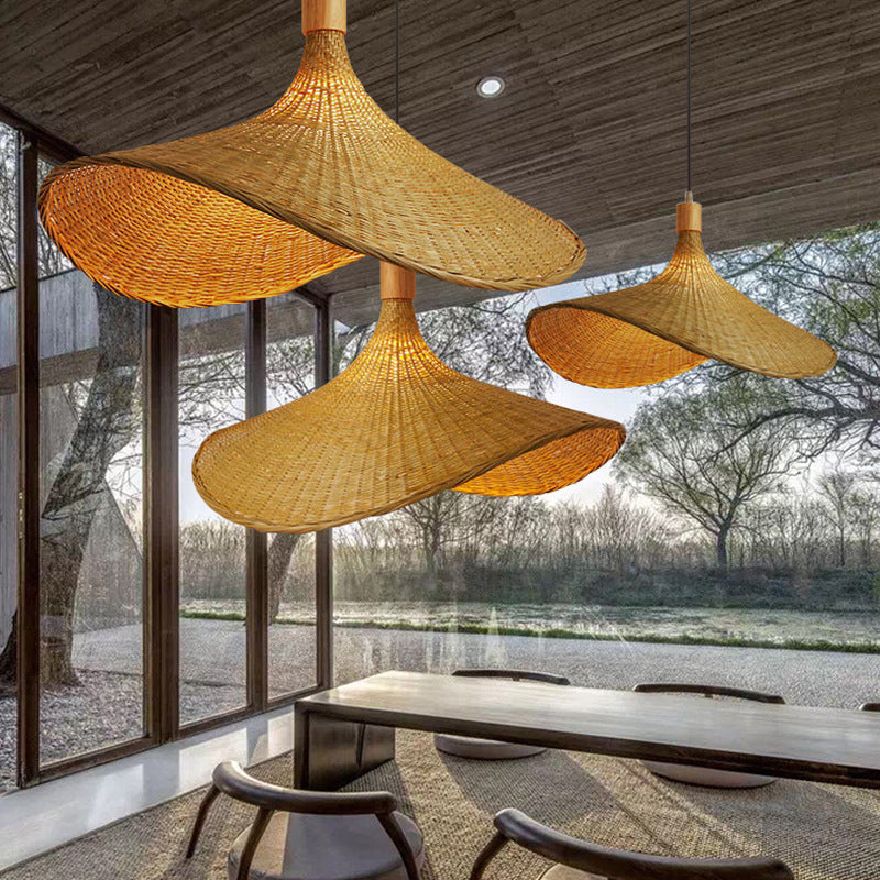 Beige Strohoed Vorm Hanglamp Kit Aziatisch 1-Licht Rieten Plafond Pendellicht voor Eettafel