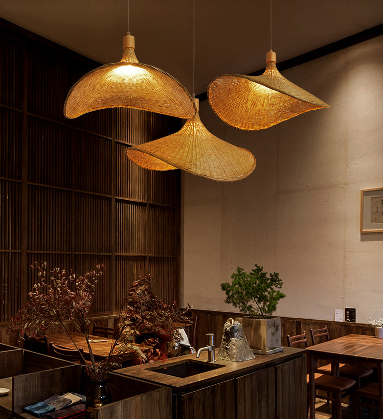 Beige Strohoed Vorm Hanglamp Kit Aziatisch 1-Licht Rieten Plafond Pendellicht voor Eettafel