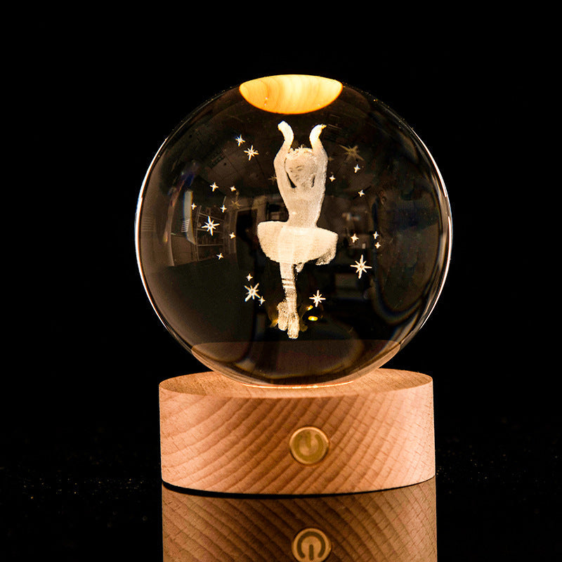 LED 3D Lamp in Kristal – Decoratieve Bol met Houten Basis