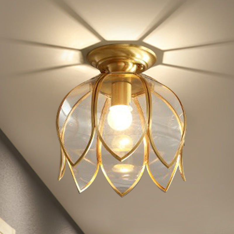 1 Lamp Lotus Plafondmontage Koloniaal Messing Helder Glas Flush Lichtarmatuur voor Gang