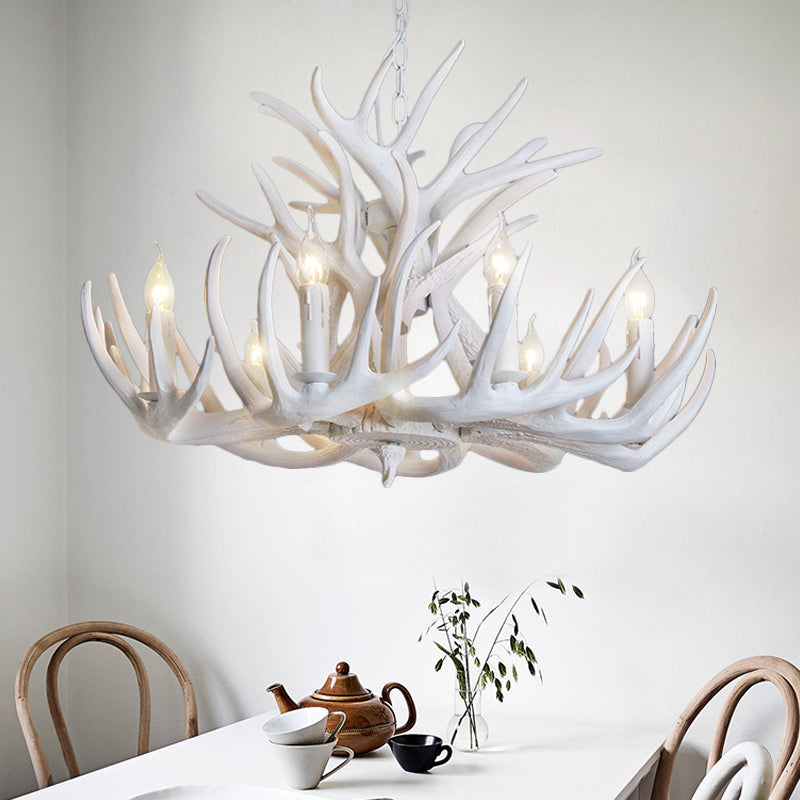 Witte Geweien Kroonluchter Verlichting Rustiek Hars 21.5"/25.5"/27.5" Breed 9/12 Lampen Woonkamer Plafond Hanglamp