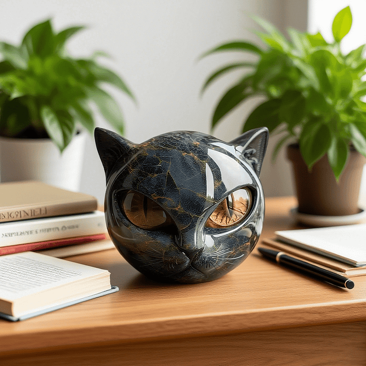 NoirCat Sculptuur – Zwarte Kattenkop met Hypnotiserende Ogen